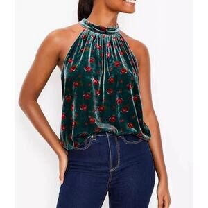NWT Loft Shirred Floral Velvet Sleeveless Halter Top Size XL Green Flowy